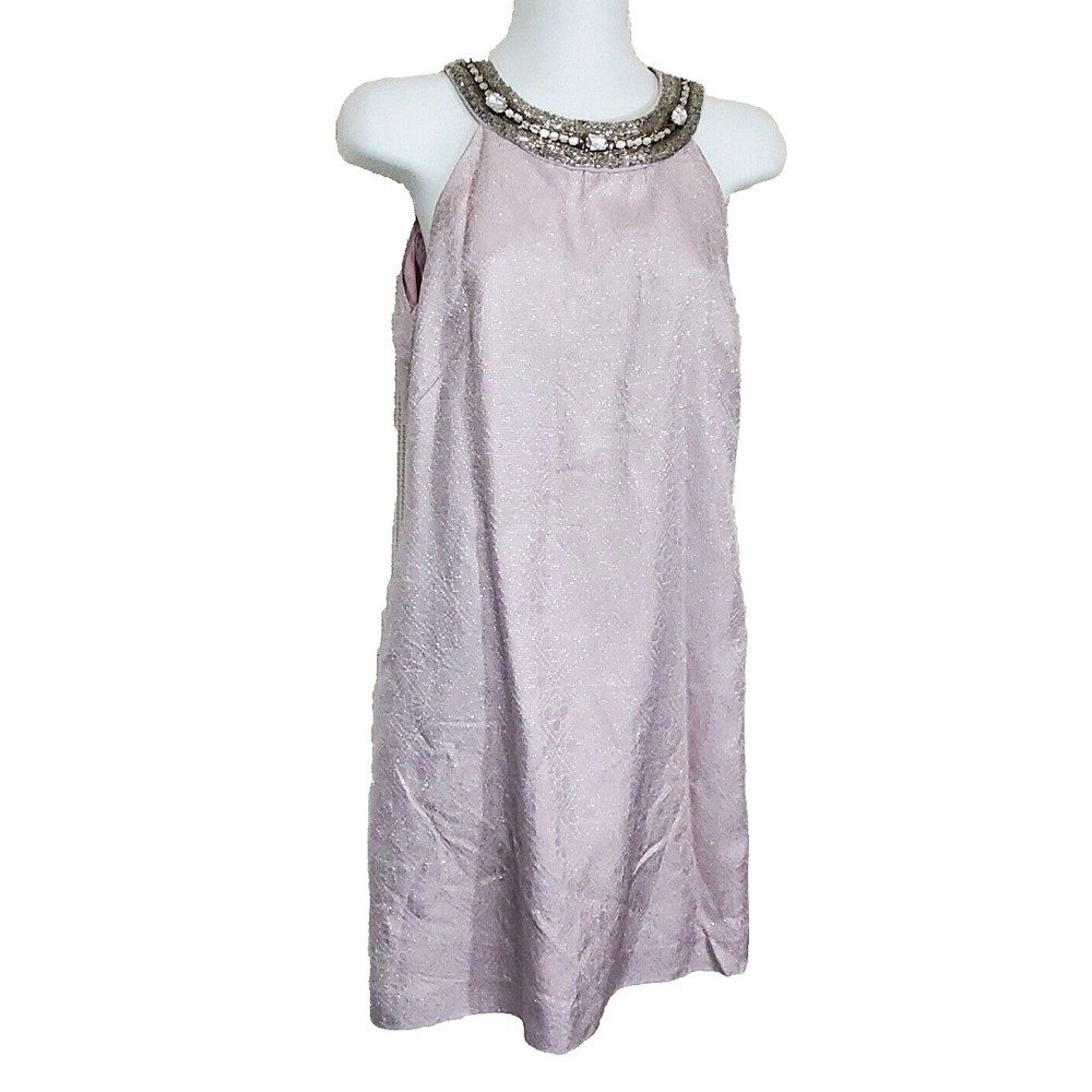 ABS Allen Schwartz Dress 6 Pink Silver Metallic Beaded Rhinestone Cocktail Vtg - Picture 1 of 16